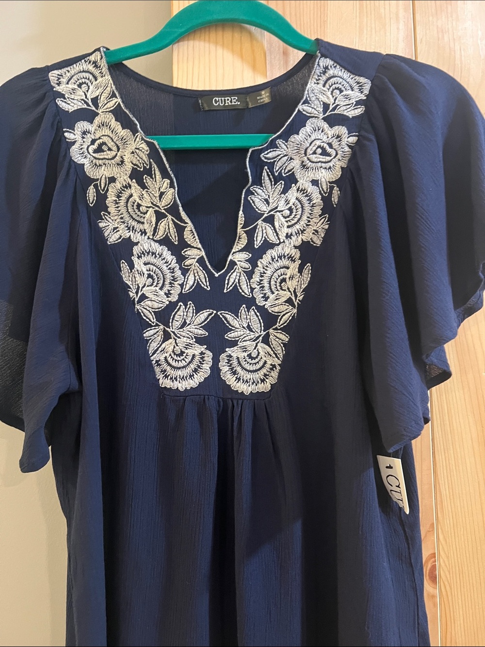 Cure Navy Embroidered V-Neck Flutter Sleeve Top size medium never worn